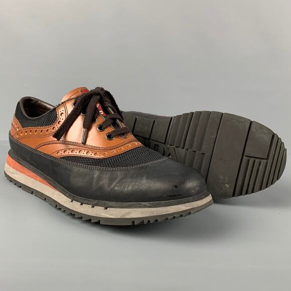 PRADA Size 7.5 Black Tan Mesh Lace Up Sneakers - Picture 3 of 8